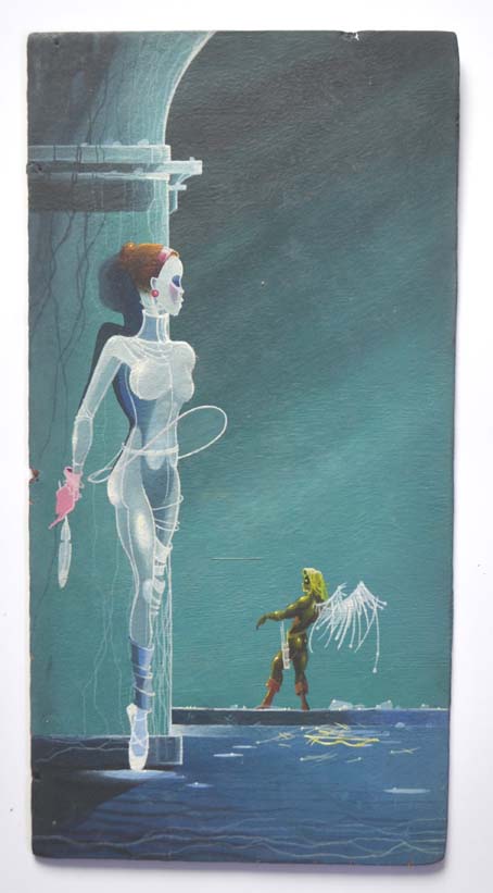 Obraz - Kresba (tempera?) na sololitu - Dívka a Amor - Sign: Nesignováno - Vel: 33 x17 cm