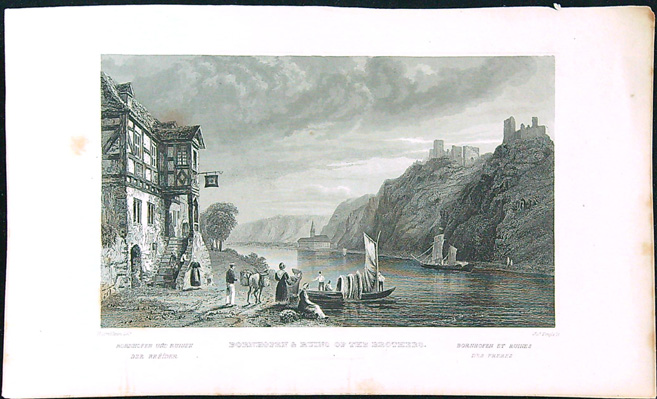 Černobílý mědiryt - Bornhofen & Ruins Of The Brothers .