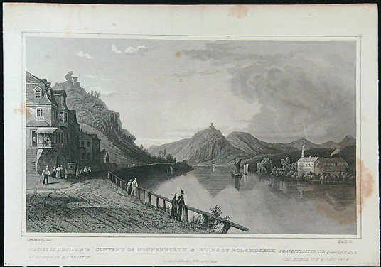 Černobílý mědiryt - Convent of Nonnenworth a Ruins of Rolandseck