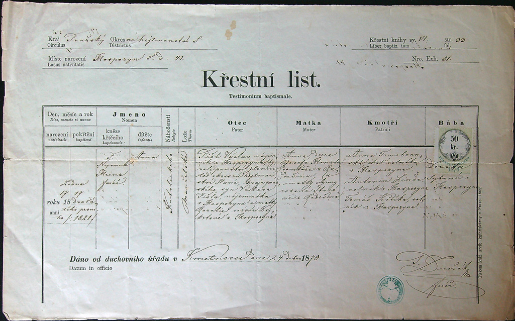 Dokument - Ostatní - Křestní list - 1876