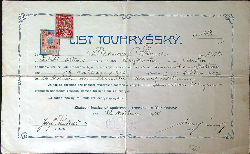 Dokument - Ostatní - Tovaryšský list - Klempíř - 1910