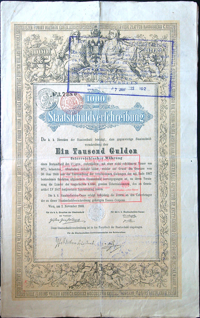 Losy, obligace, akcie, cenné papíry - Obligace - 1000 Zlatých - 1868 - No. 003738