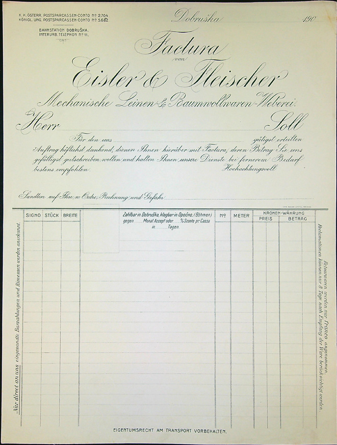 Stará firemní faktura - Dobruška - Eisler & Fleischer - Mechanické prádlo & bavlněné zboží = tkaní.