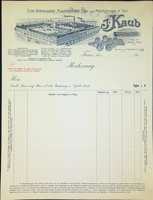 Stará firemní faktura - Domažlice (Taus) - J. Kaub - První šumavská strojírna, slévárna železa a kovů v Domažlicích.