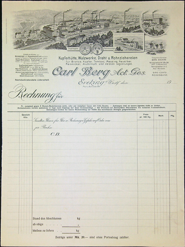 Stará firemní faktura - Eveking (Okres města Werdhol v Německu) - Carl Berg Act. Ges. - Měděné závody, válcovny, tažení drátů a trubek pro bronz, měď, tombak, mosaz, niklové stříbro, čistý nikl, hliník a jeho slitiny.