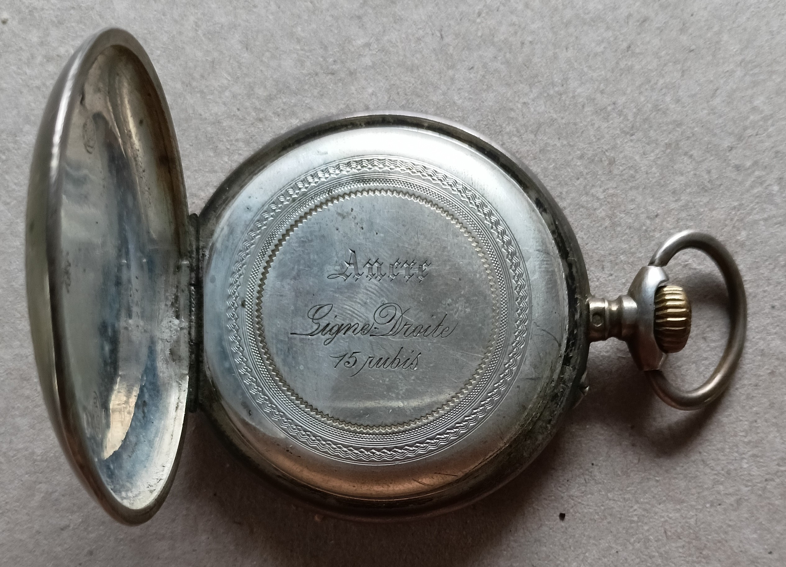 Hodinky - Hodinky Cibule - ANCRE - LIGNE DROITE - 15 RUBIS - STŘÍBRNÉ - Prasklé pero - Nefunkční - Obrázek 3