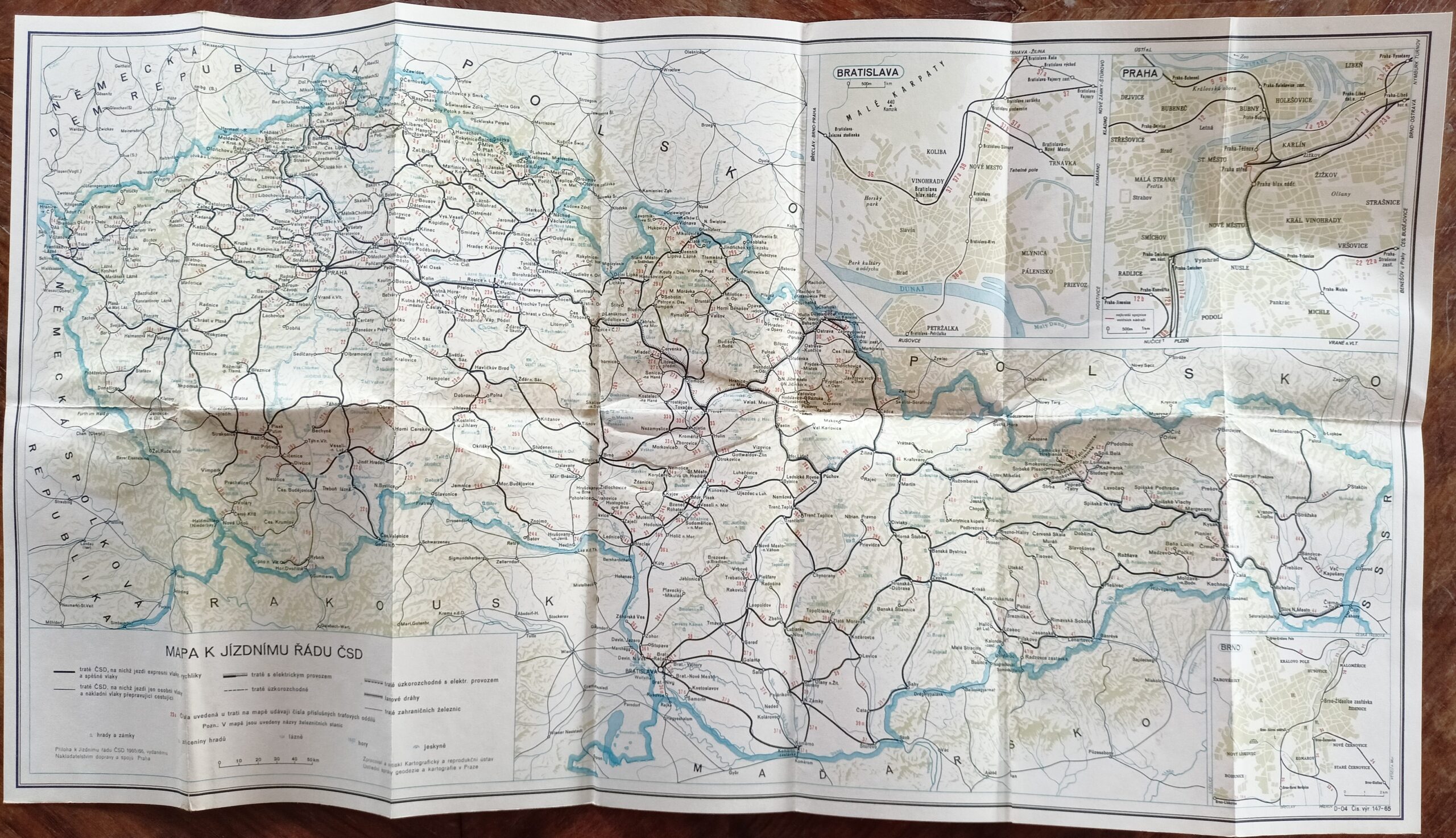 ŽELEZNIČNÍ MAPA - MAPA K JÍZDNÍMU ŘÁDU ČSD r. 1965/1966