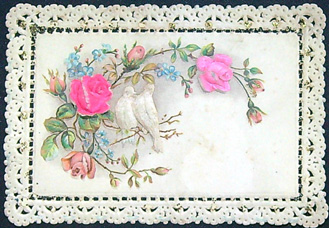 Starý tlačený obrázek + krajka + dolepované růže a holubičky z látky - Přání, Gratulace