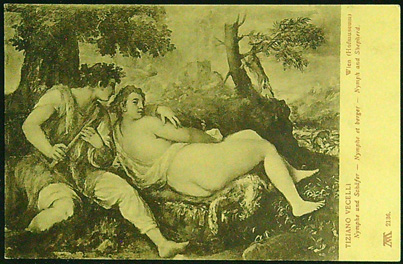 Pohlednice - Akt a erotika - Malovaná - A M 2136 - Tiziano: Nymphe und Schafer -