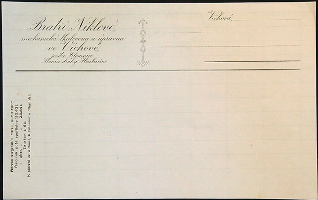 Stará firemní faktura - Bratři Niklové - Mechanická tkalcovna a úpravna ve Víchové, pošta Jilemnice. Stanice dráhy Hrabačov.