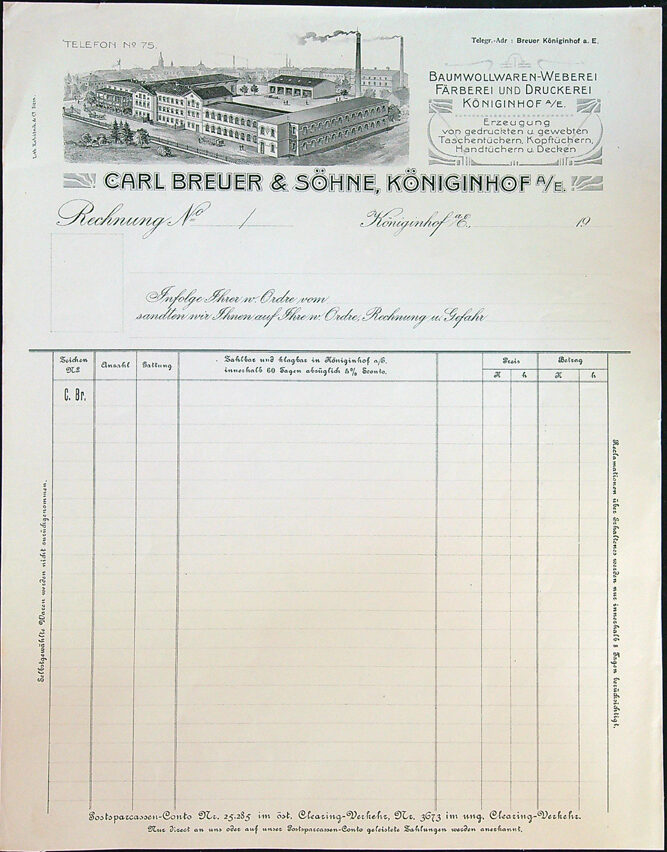 Stará firemní faktura - CARL BREUER & SÖHNE - Dvůr Králové nad Labem (Königinhof)