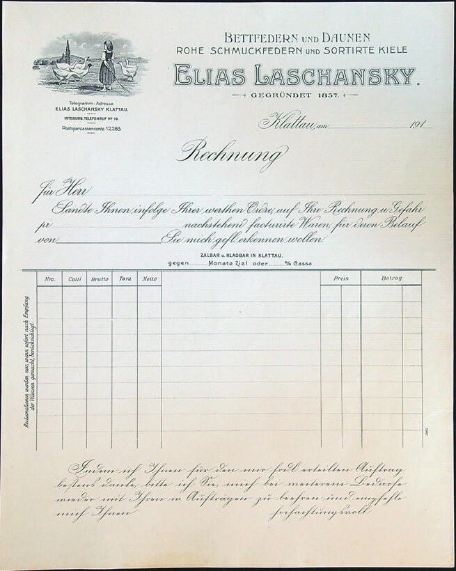 Stará firemní faktura - ELIAS LASCHANSKY. - KLATOVY (Klattau)