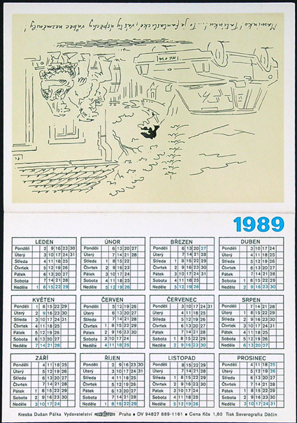 Malý kalendář - Dvoulist - Rok 1989 - Přání - ŠTASTNÝ NOVÝ ROK - Kresba Dušan Pálka (V) - Obrázek 3