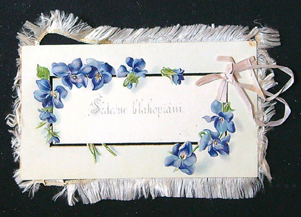 Starožitné přání - Rok 1893 - Tlačený - Třásně kolem dokola - Srdečné blahopřání