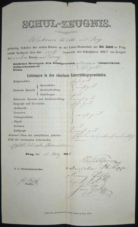 Dokument - Vysvědčení - 1858 - Praha (Škola u Svatého Jakuba??)